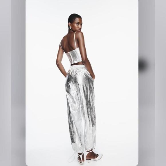 Zara Silver WIDE LEG METALLIC PANTS Size Large - Picture 5 of 13